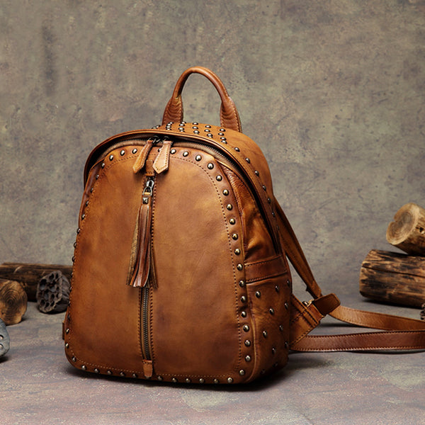 Womens Small Rivets Brown Leather Backpack Bag Purse Cool backpacks for Women Affordable 