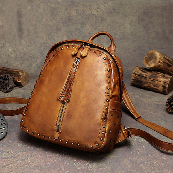 Womens Small Rivets Brown Leather Backpack Bag Purse Cool backpacks for Women Beautiful