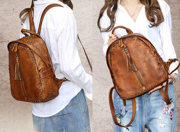 Womens Small Rivets Brown Leather Backpack Bag Purse Cool backpacks for Women Cute 