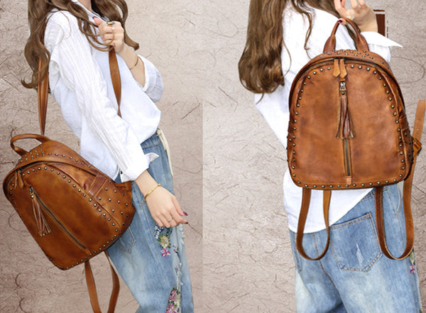 Womens Small Rivets Brown Leather Backpack Bag Purse Cool backpacks for Women Designer