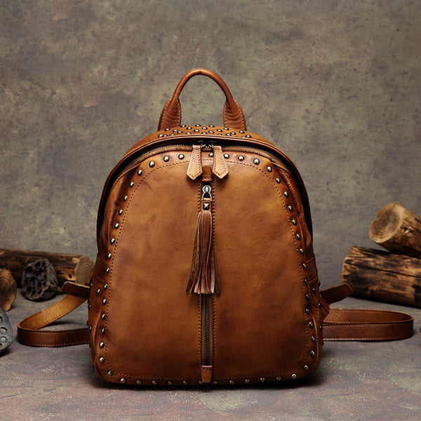 Womens Small Rivets Brown Leather Backpack Bag Purse Cool backpacks for Women