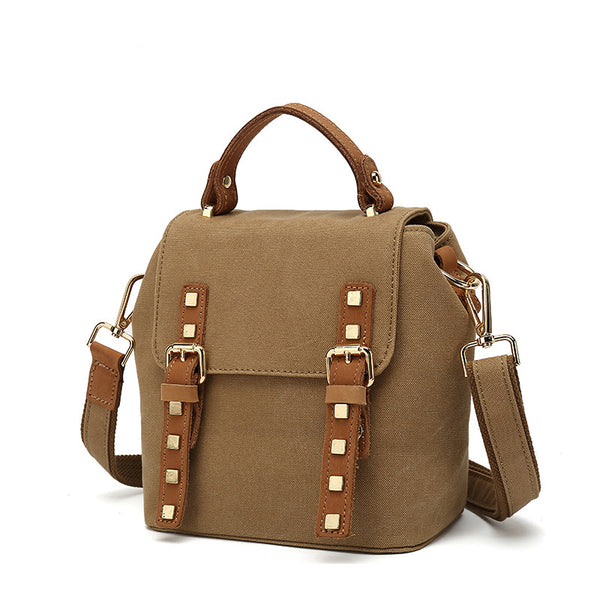 Womens Small Waterproof Canvas And Leather Backpack Satchel Handbags For Women Brown