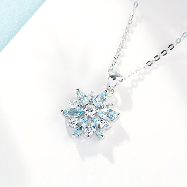 Womens Snowflake Aquamarine Stone Necklace March Birthstone Necklace Beautiful