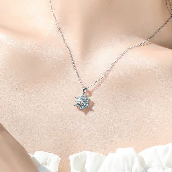 Womens Snowflake Aquamarine Stone Necklace March Birthstone Necklace Classic