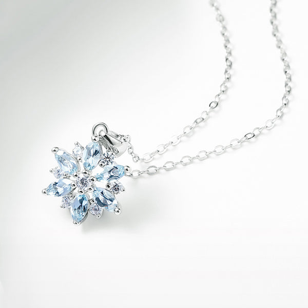 Womens Snowflake Aquamarine Stone Necklace March Birthstone Necklace Elegant