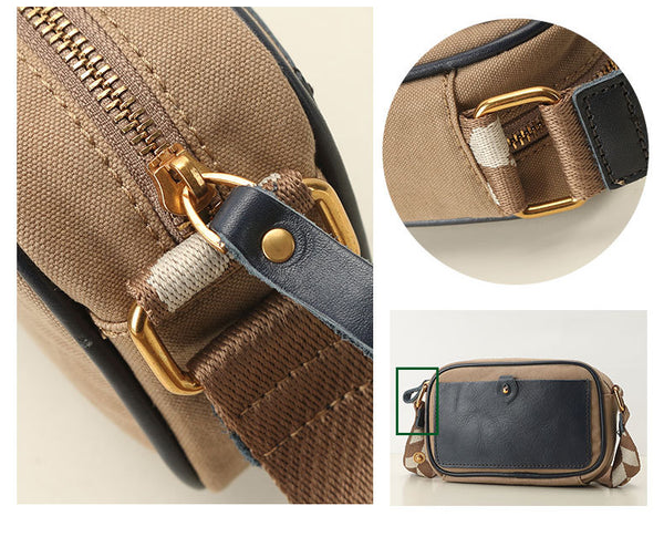 Womens Square Leather Canvas Over The Shoulder Bag Canvas Crossbody Bag For Ladies Details