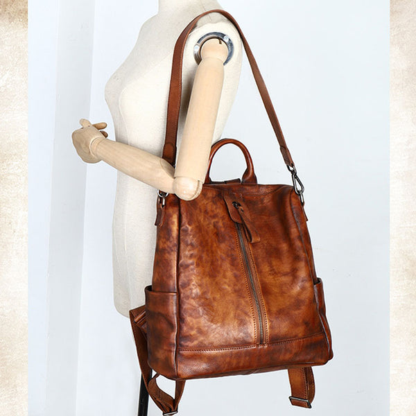 Womens Genuine Leather Rucksack Backpack Cross Shoulder Bag for Women Brown
