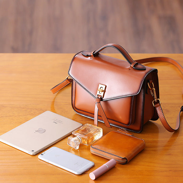 Womens Square Leather Satchel Bags Purses Handbags for Women Brown