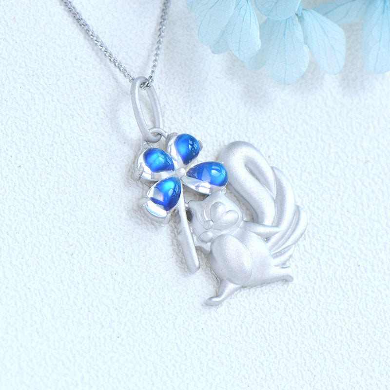 Womens Squirrel And Clover Shaped Silver Moonstone Pendant Necklace For Women Accessories