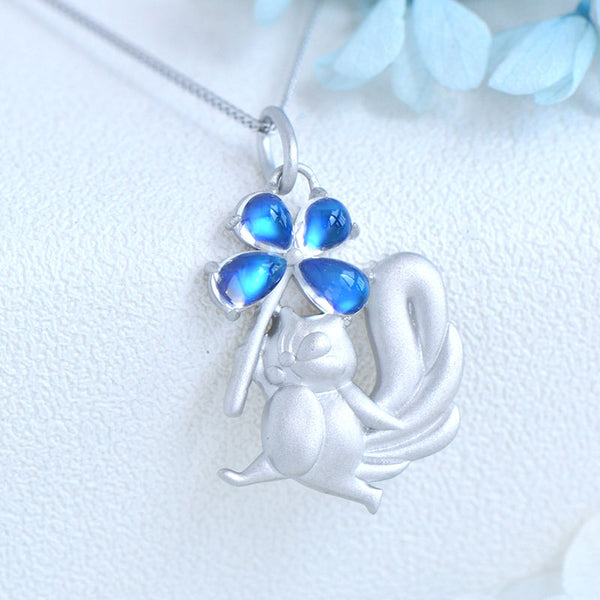 Womens Squirrel And Clover Shaped Silver Moonstone Pendant Necklace For Women