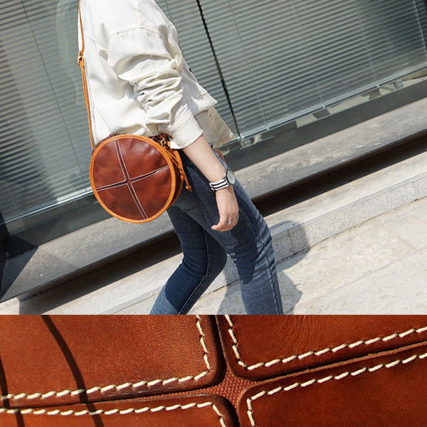 Womens Tan Leather Circle Bag Round Purse Over The Shoulder Purse for Women Chic