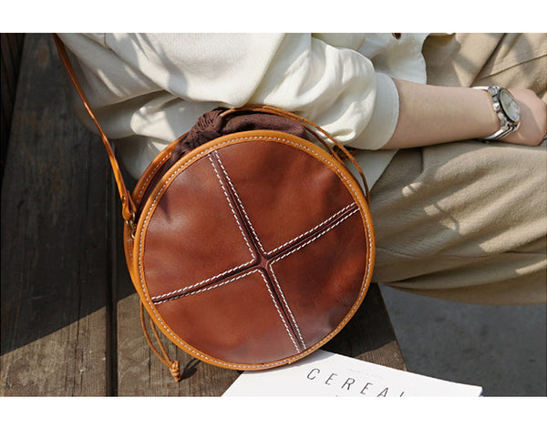 Womens Tan Leather Circle Bag Round Purse Over The Shoulder Purse for Women cute