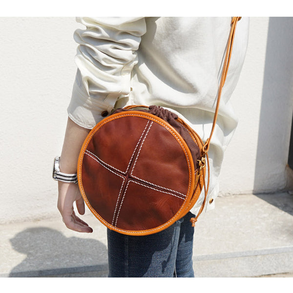 Womens Tan Leather Circle Bag Round Purse Over The Shoulder Purse