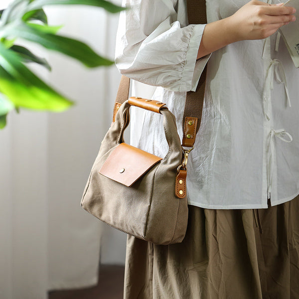 Khaki Womens Leather Canvas Shoulder Bags For Ladies Side Purse