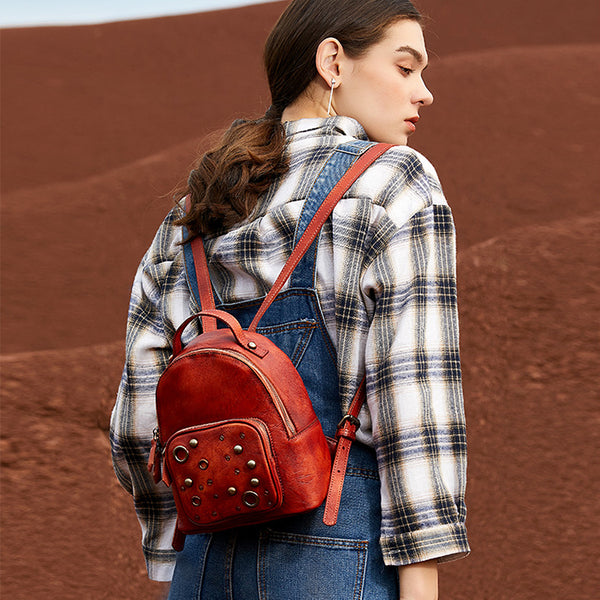 Vintage Womens Red Leather Backpack Purse Small Backpacks for Women
