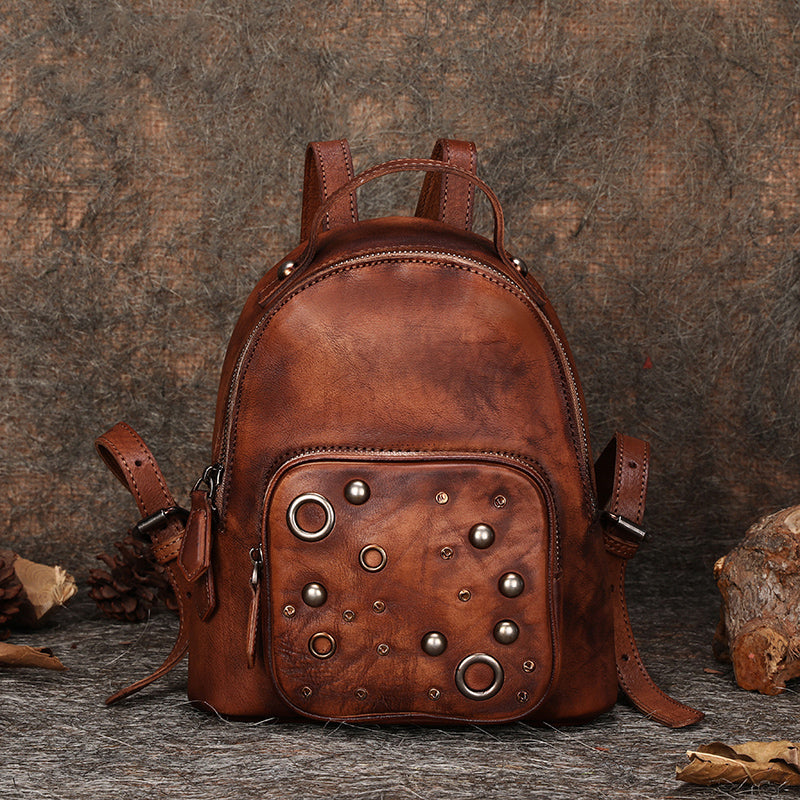 artsy backpacks leather Small Womens Green Leather Backpack Purse Cool Book Bags for Women