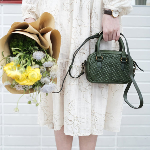 Ladies Small Leather Handbag Woven Green Crossbody Bag