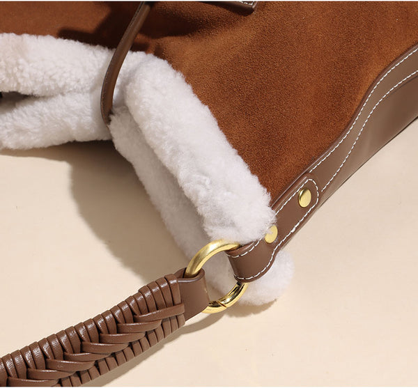 Womens Faux Fur Suede Leather Bucket Bag Cute Tote Bags For Women Fashion