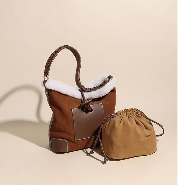 Womens Faux Fur Suede Leather Bucket Bag Cute Tote Bags For Women Quality