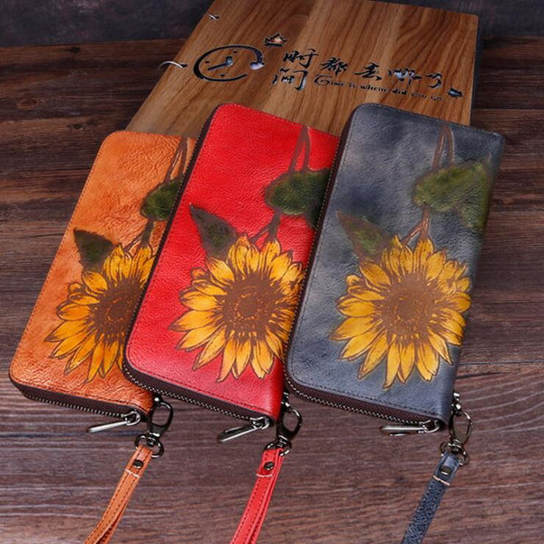 Womens Genuine Leather Clutch Wallet Purse With Sunflower Pattern Zip Around Wallet For Women Best