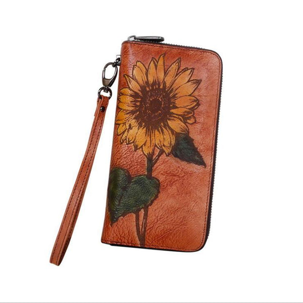 Womens Genuine Leather Clutch Wallet Purse With Sunflower Pattern Zip Around Wallet For Women Brown