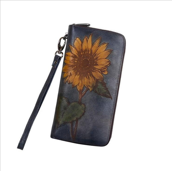 Womens Genuine Leather Clutch Wallet Purse With Sunflower Pattern Zip Around Wallet For Women Chic