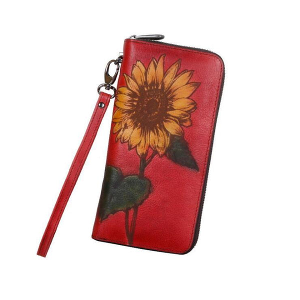 Womens Genuine Leather Clutch Wallet Purse With Sunflower Pattern Zip Around Wallet For Women Cool
