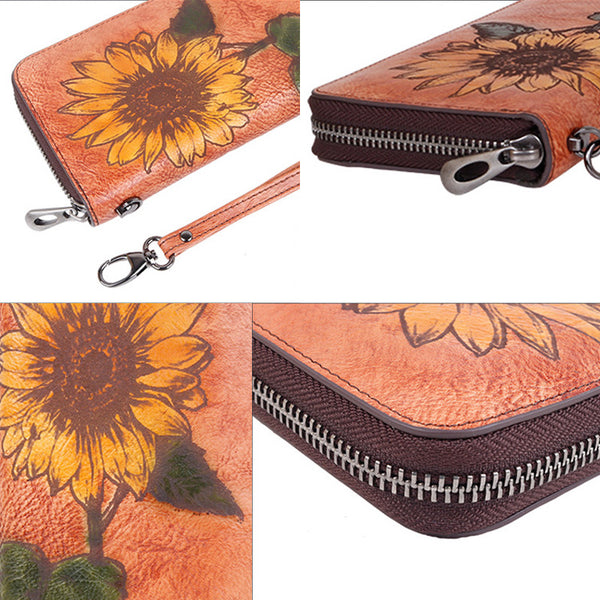 Womens Genuine Leather Clutch Wallet Purse With Sunflower Pattern Zip Around Wallet For Women Designer