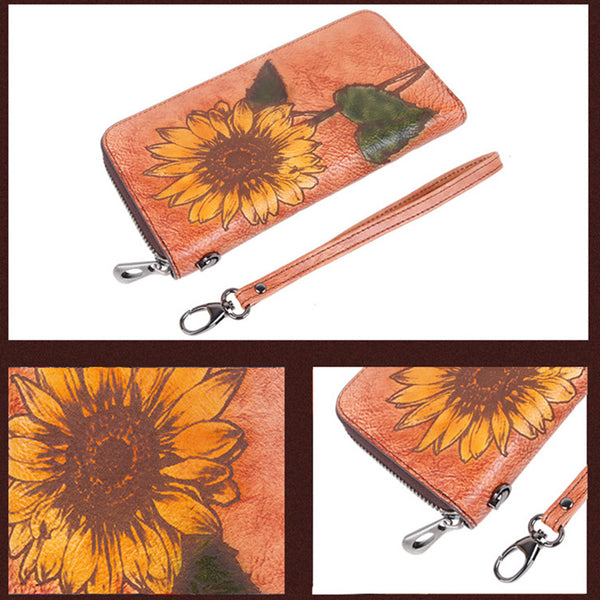 Womens Genuine Leather Clutch Wallet Purse With Sunflower Pattern Zip Around Wallet For Women Details