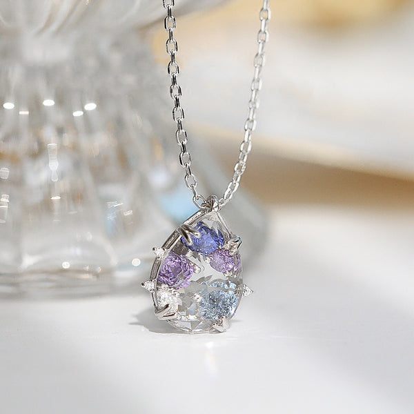 Purple Zircon and White Quartz Crystal Teardrop Pendant Necklace Gold Plated Silver Jewelry Women