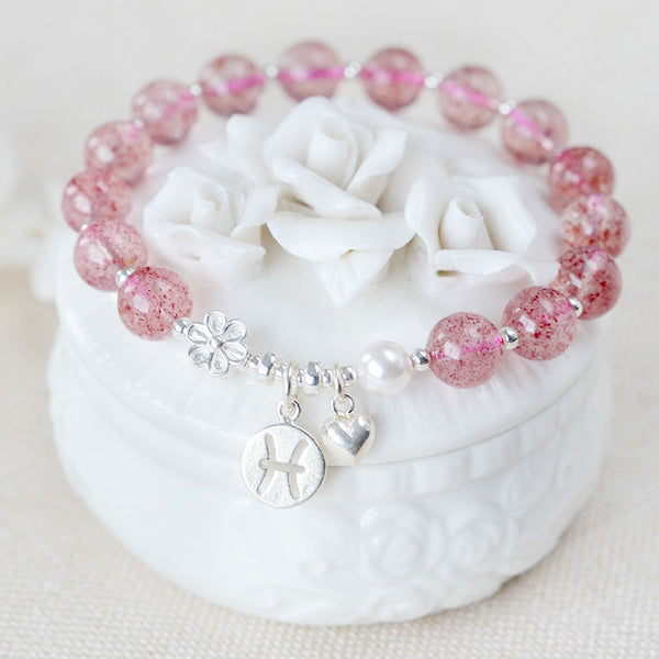 Strawberry Quartz Bead Bracelets With Sterling Silver Zodiac Sign Handmade Jewelry Women