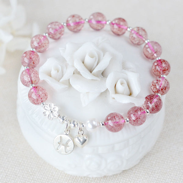 Zodiac Strawberry Quartz Bead Bracelets Handmade Jewelry Women beautiful