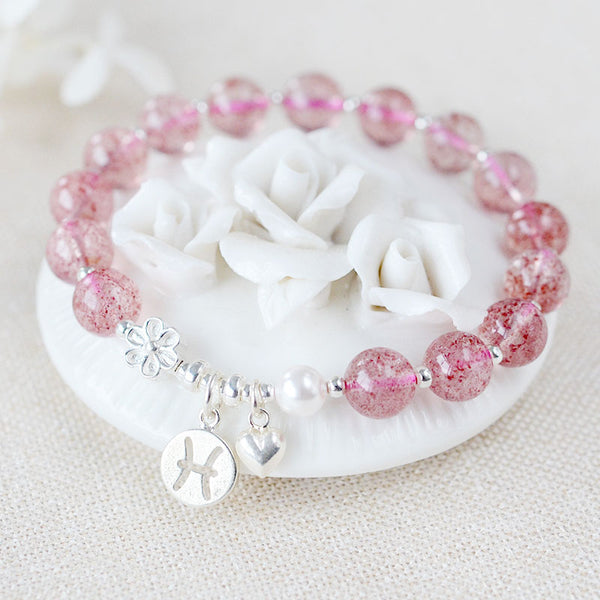 Zodiac Strawberry Quartz Bead Bracelets Handmade Jewelry Women cute