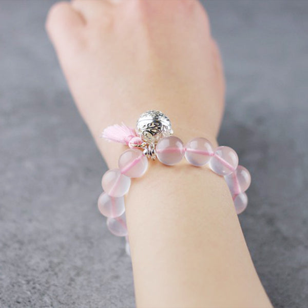 Sterling Silver Rose Quartz Crystal Beaded Bracelet Handmade Jewelry Women
