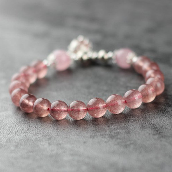 Sterling Silver Strawberry Quartz Crystal Beaded Bracelet Handmade Jewelry for Women