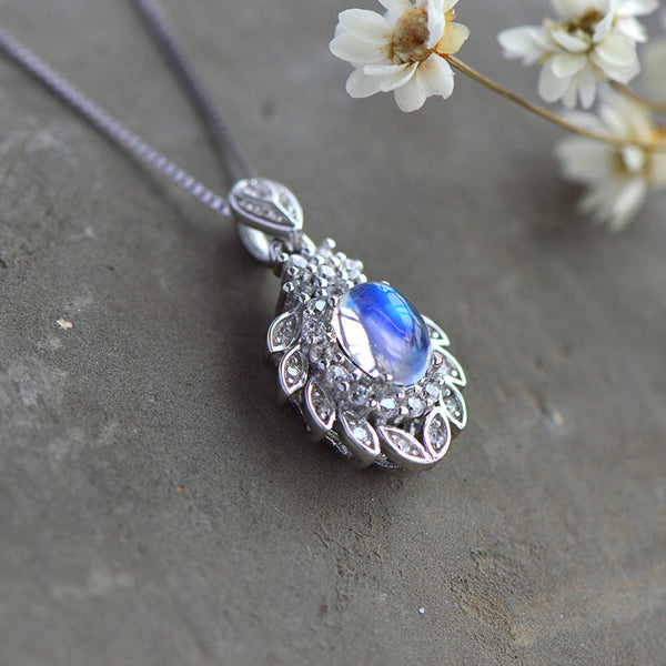 blue Moonstone Pendant Necklace Gold Sterling Silver Jewelry Women Natural Gemstone