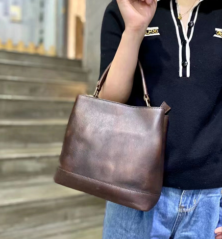 Vintage Leather Bucket Bags Women's Tote Handbags Shoulder Bags for Women