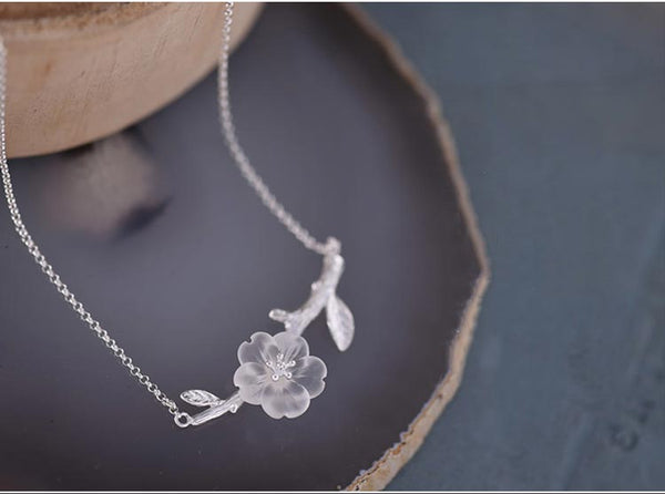 White Quartz Crystal Flower Pendant Necklace in White Gold Plated Silver For Women