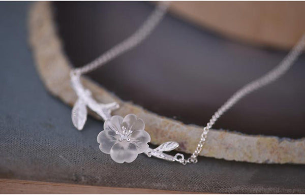 White Quartz Crystal Flower Pendant Necklace in White Gold Plated Silver For Women