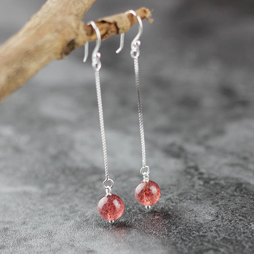 Sterling Silver Strawberry Quartz Crystal Drop Earrings Handmade Jewelry for Women