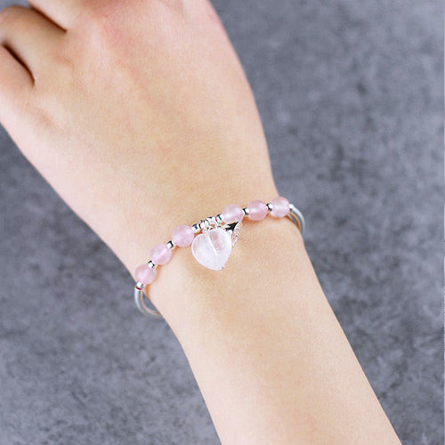 Sterling Silver Rose Quartz Crystal Beaded Bracelet Handmade Jewelry for Women