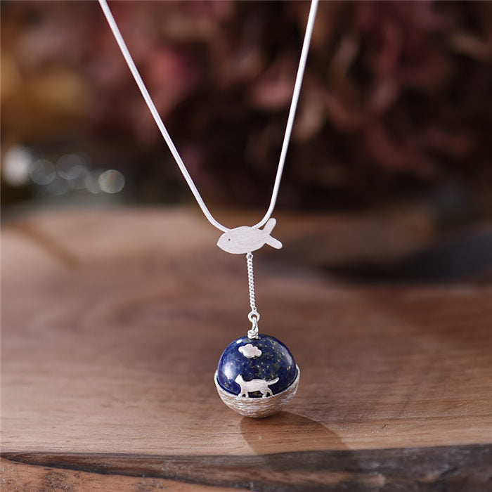 handmade Sterling Silver Lapis Lazuli Pendant Necklace Cute Cat lovers Jewelry Accessories Gifts Women ADORABLE