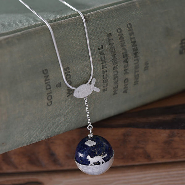 handmade Sterling Silver Lapis Lazuli Pendant Necklace Cute Cat lovers Jewelry Accessories Gifts Women beautiful