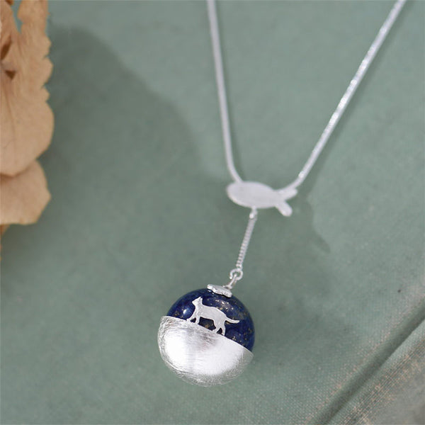 handmade Sterling Silver Lapis Lazuli Pendant Necklace Cute Cat lovers Jewelry Accessories Gifts Women