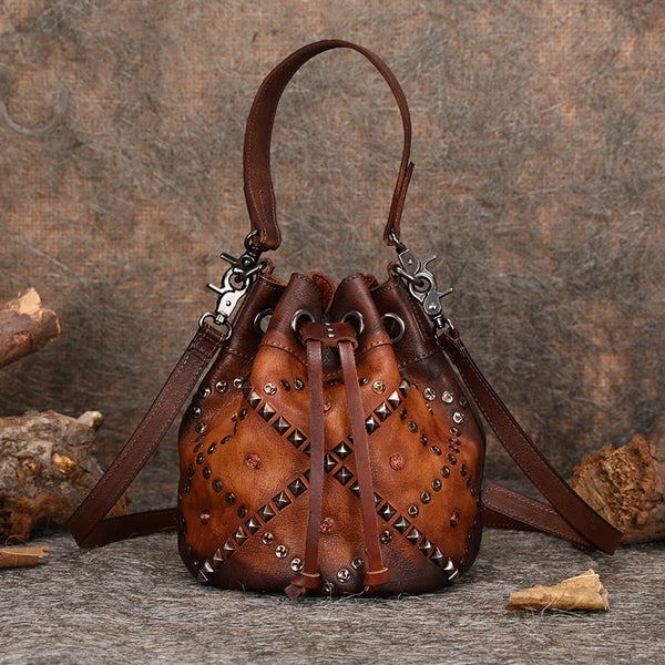 Rivets Leather Bucket Bag