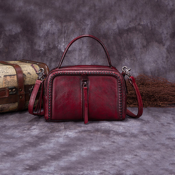 Vintage Genuine Leather Handbag Crossbody Shoulder Bags Purses Women dark red