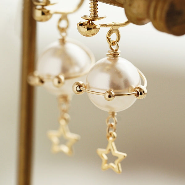 Cute Pearl Hook Clip Earrings 14K Gold Plated Unique Handmade  Jewelry For Women