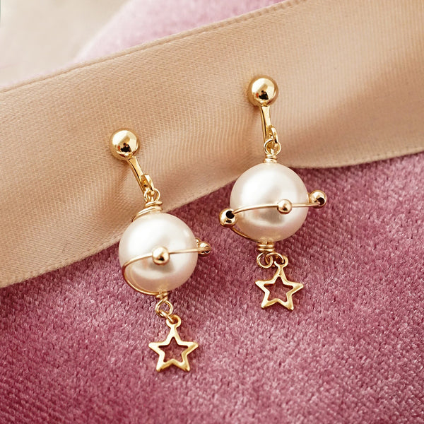 unique handmade Pearl Hook Clip Earrings Gold Jewelry Women beautiful