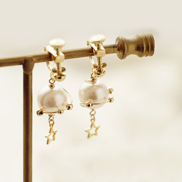 unique handmade Pearl Hook Clip Earrings Gold Jewelry Women cute