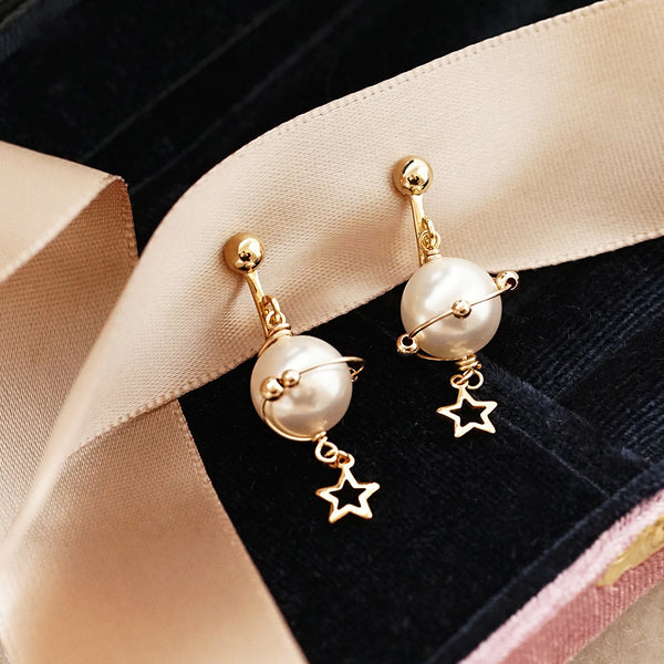 unique handmade Pearl Hook Clip Earrings Gold Jewelry Women